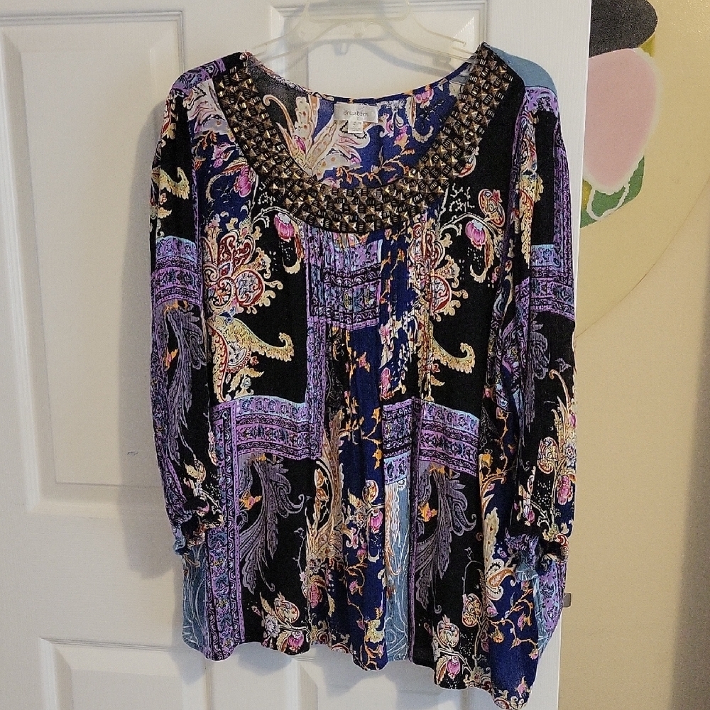 Dress Barn Sz2X Elegant Boho Paisley Blouse with Studded Neckline 3/4 sleeve